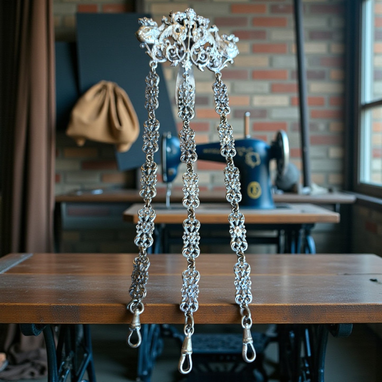 Chatelaine da sarta a 3 catene, riccamente decorata, ca anni ‘30