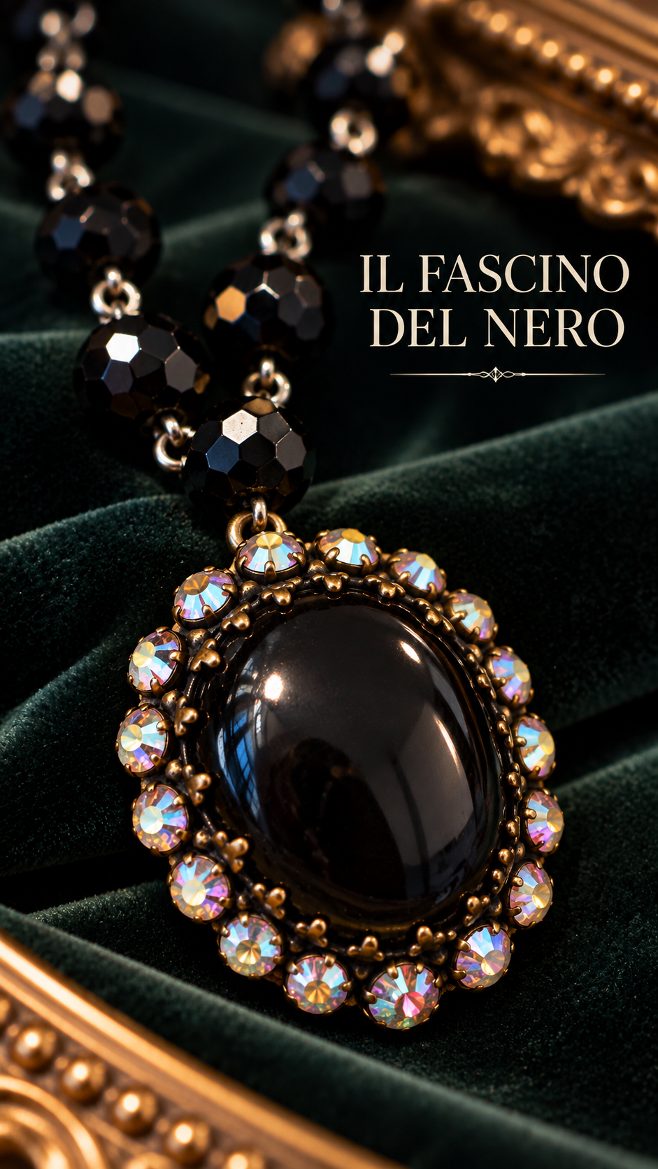 Collana total black in perle di vetro sfaccettato con pendente nero e cornice Aurora Borealis