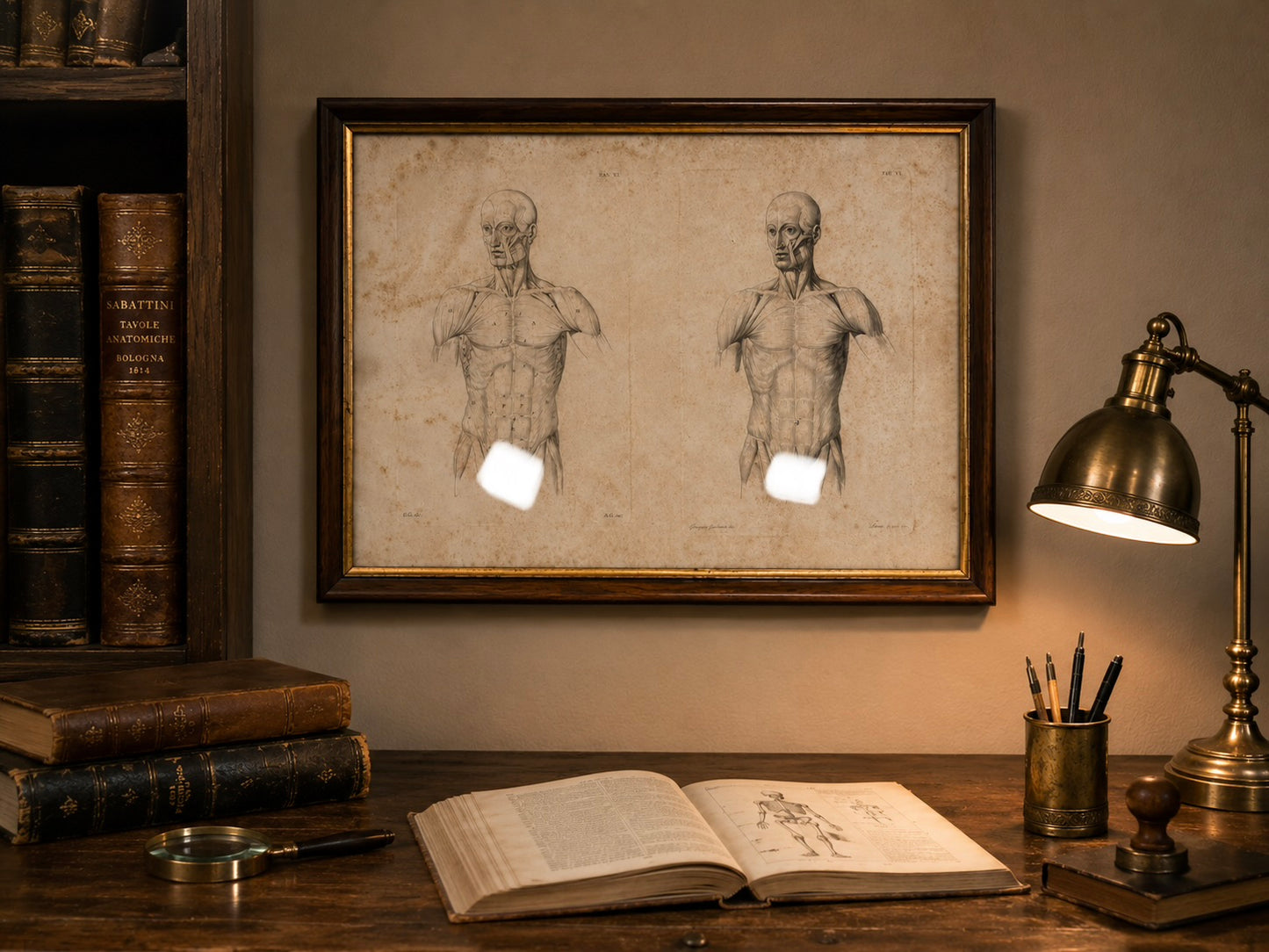 Antica tavola anatomica doppia del 1841 destinata alla Belle Arti, firmata e incorniciata