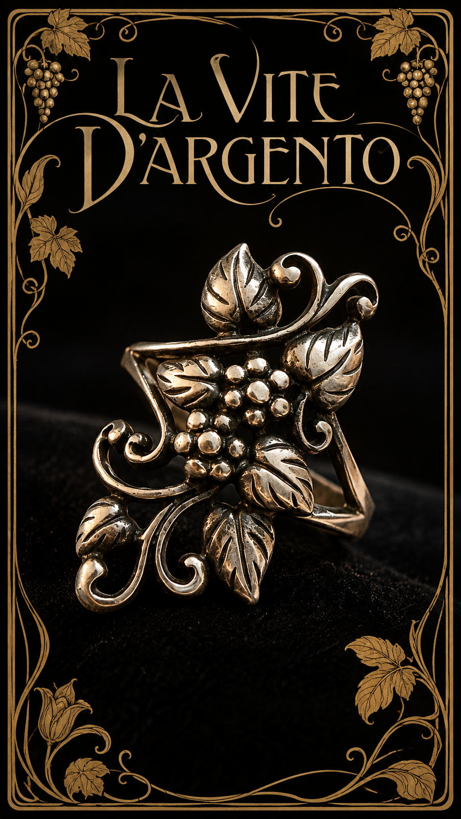 Anello porta fortuna in argento 925 art Nouveau revival tralcio di vite