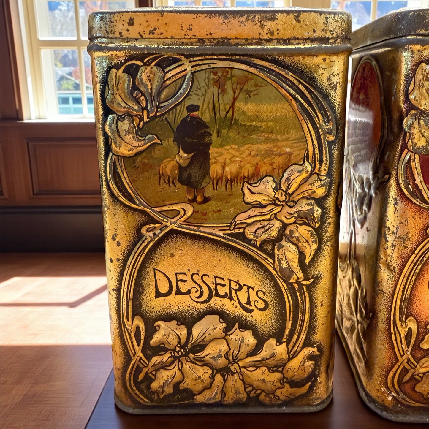 Set n. 3 antiche scatole di latta Leroux Cambrai rarissime art Nouveau per cicoria, dolci e farina.