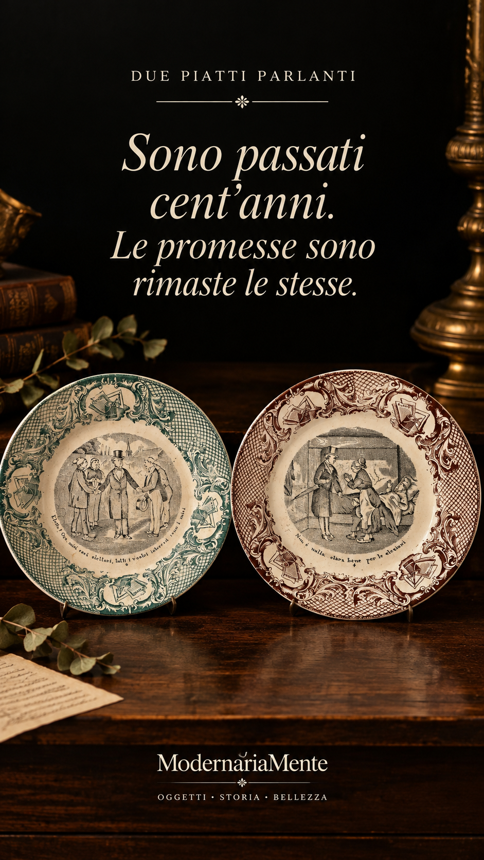Coppia di antichi piatti “parlanti” satira politica fine ‘800 primo ‘900, S.C.I. laveno terraglia decorata