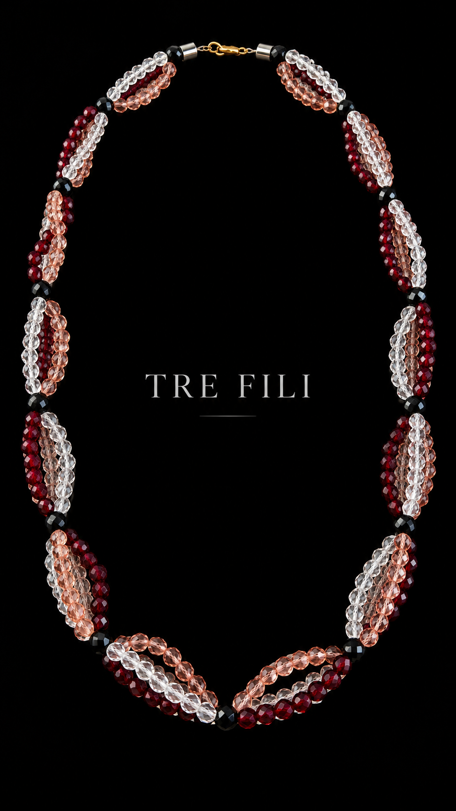 Collana architettonica a tre fili di perle di vetro sfaccettato rosa, rosso granato e trasparente