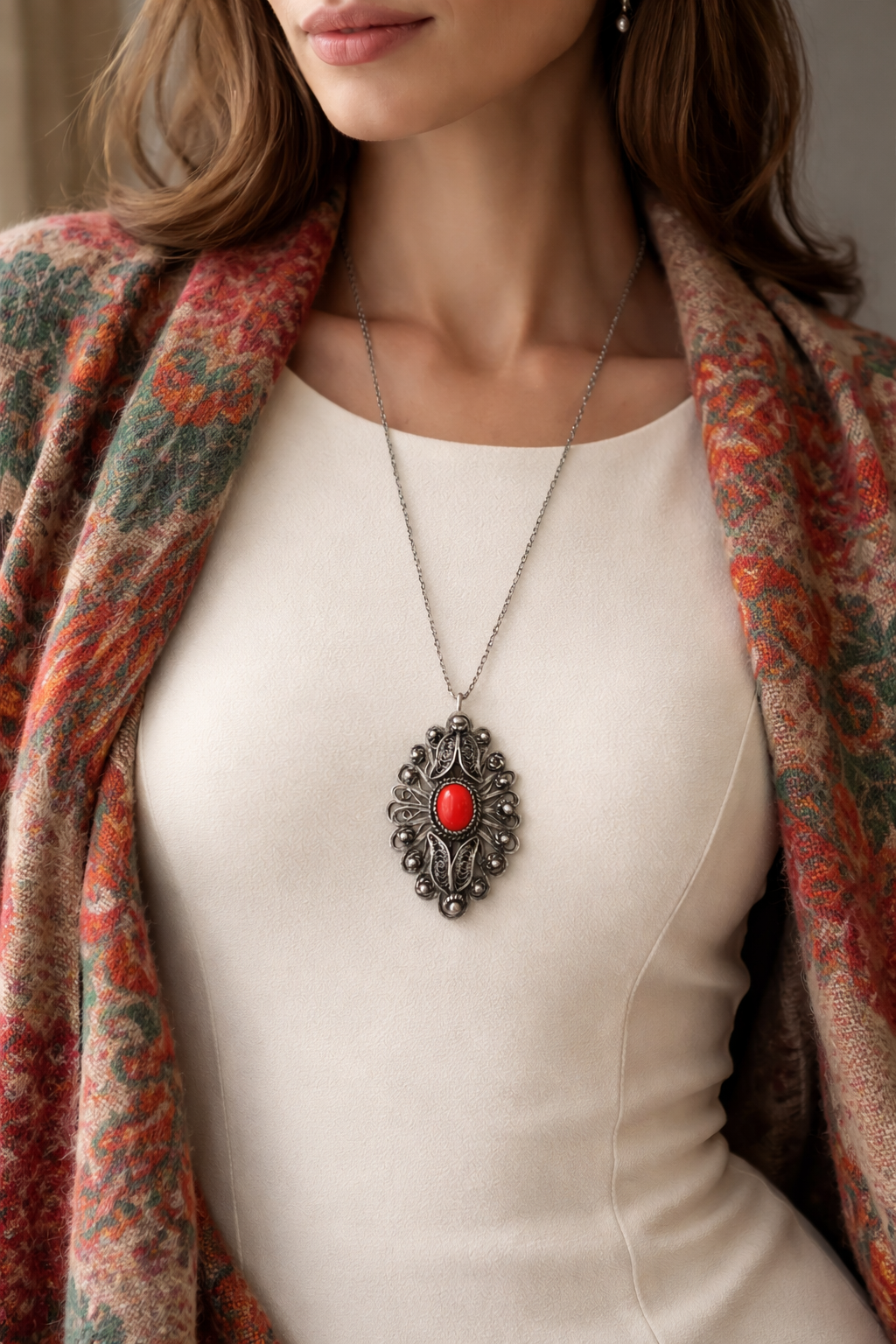 Antico ciondolo pendente in filigrana d’argento con cabochon di corallo ricostituito, prima metà ‘900