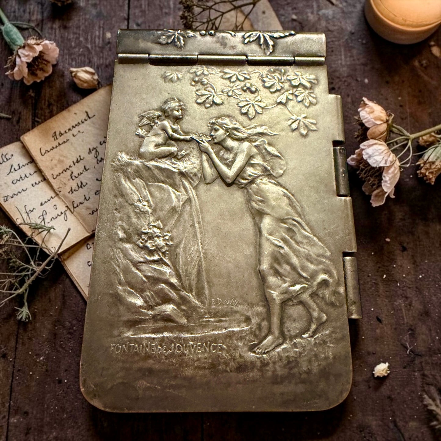 Antico carnet del bal Art Nouveau firmato Dropsy con 21 pagine manoscritte