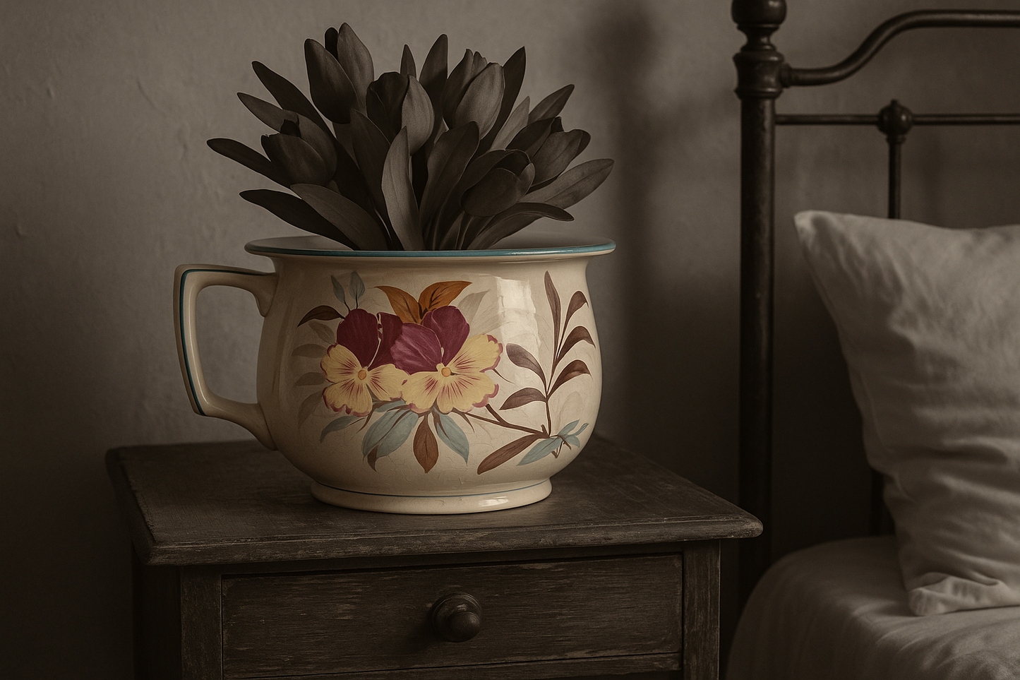 Vaso da notte in terraglia smaltata con viole del pensiero; Faiencerie de Jemappes