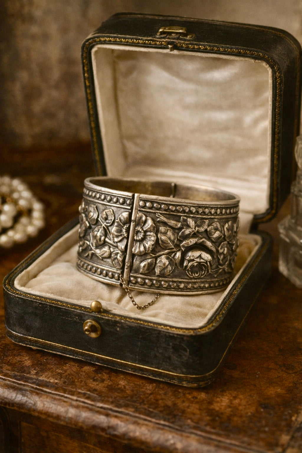 Bracciale romantico floreale rigido a fascione alto, placcato argento, anni ‘40-‘50