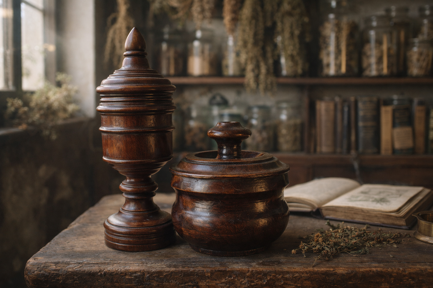 Antica coppia vasi da erboristeria in legno da banco, primo ‘900 per foglie e preparati essiccati