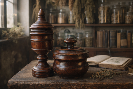 Antica coppia vasi da erboristeria in legno da banco, primo ‘900 per foglie e preparati essiccati