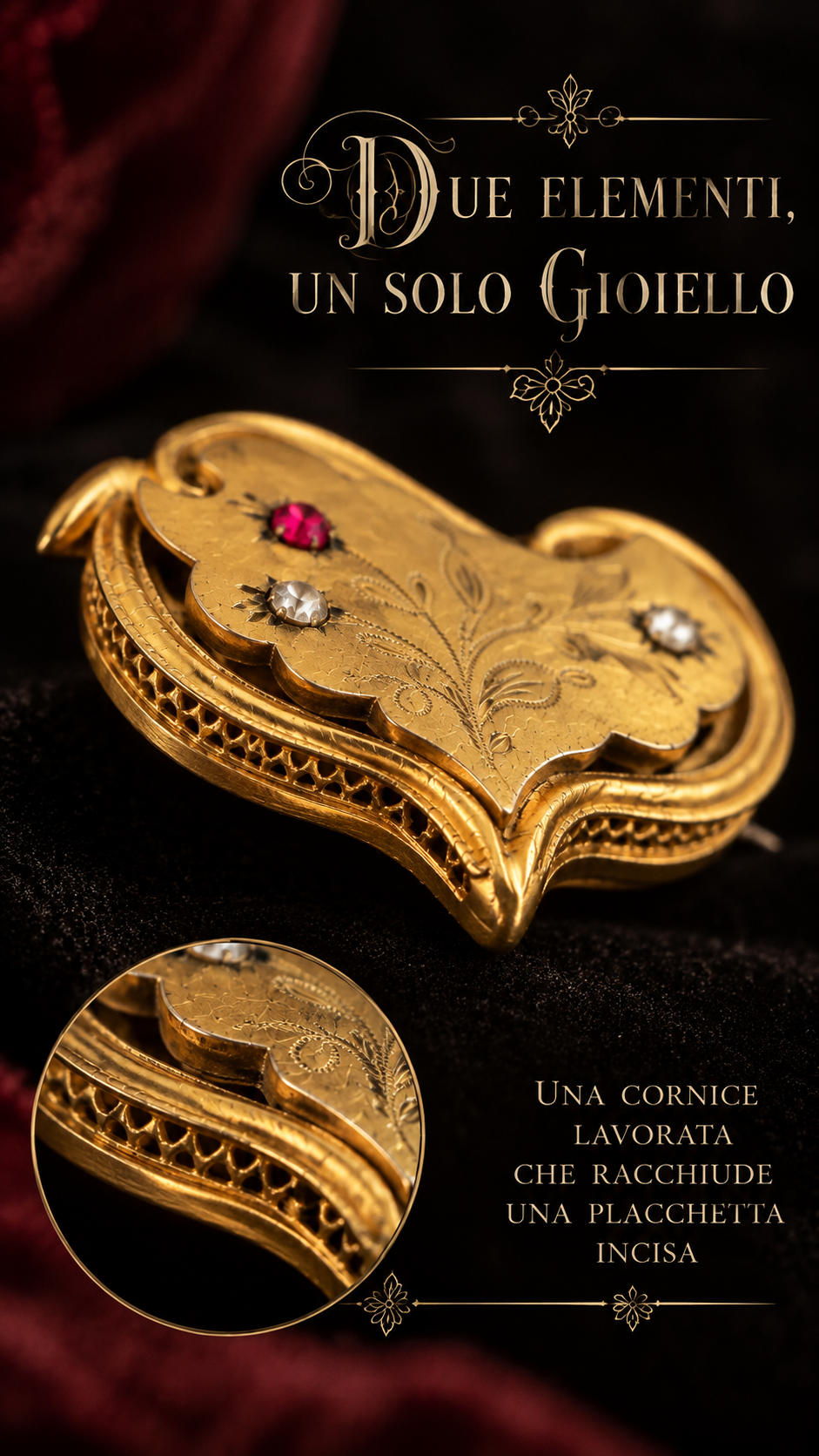 Antica spilla sentimentale fine ‘800 placcata con incisione floreale e cornice a cuore