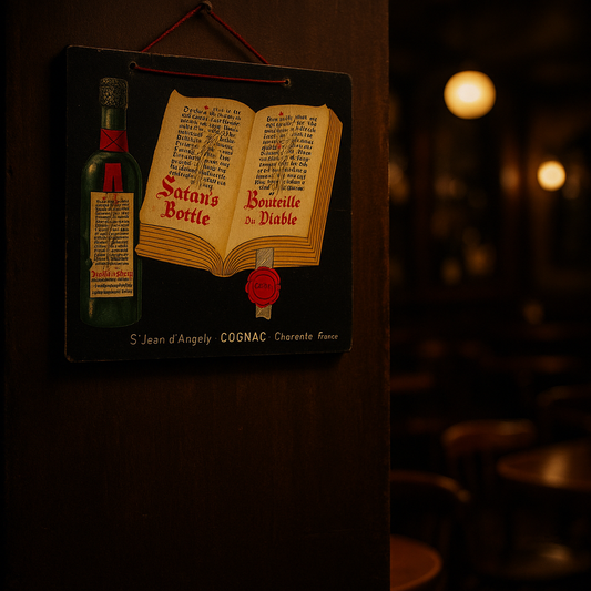 Insegna cartonata pubblicitaria anni ‘40 “Cognac del Diavolo” o Bouteille du Diable