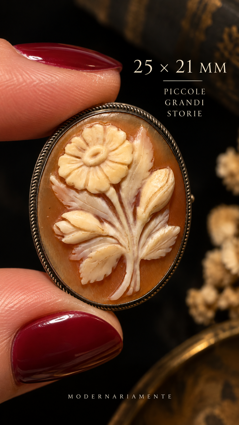 Spilla - pendente gioiello doppia funzione cammeo floreale in conchiglia e argento 800