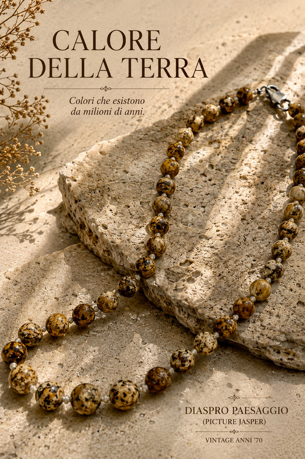 Collana in perle di Diaspro paesaggio / picture jasper con chiusura in argento 925 anni ‘70