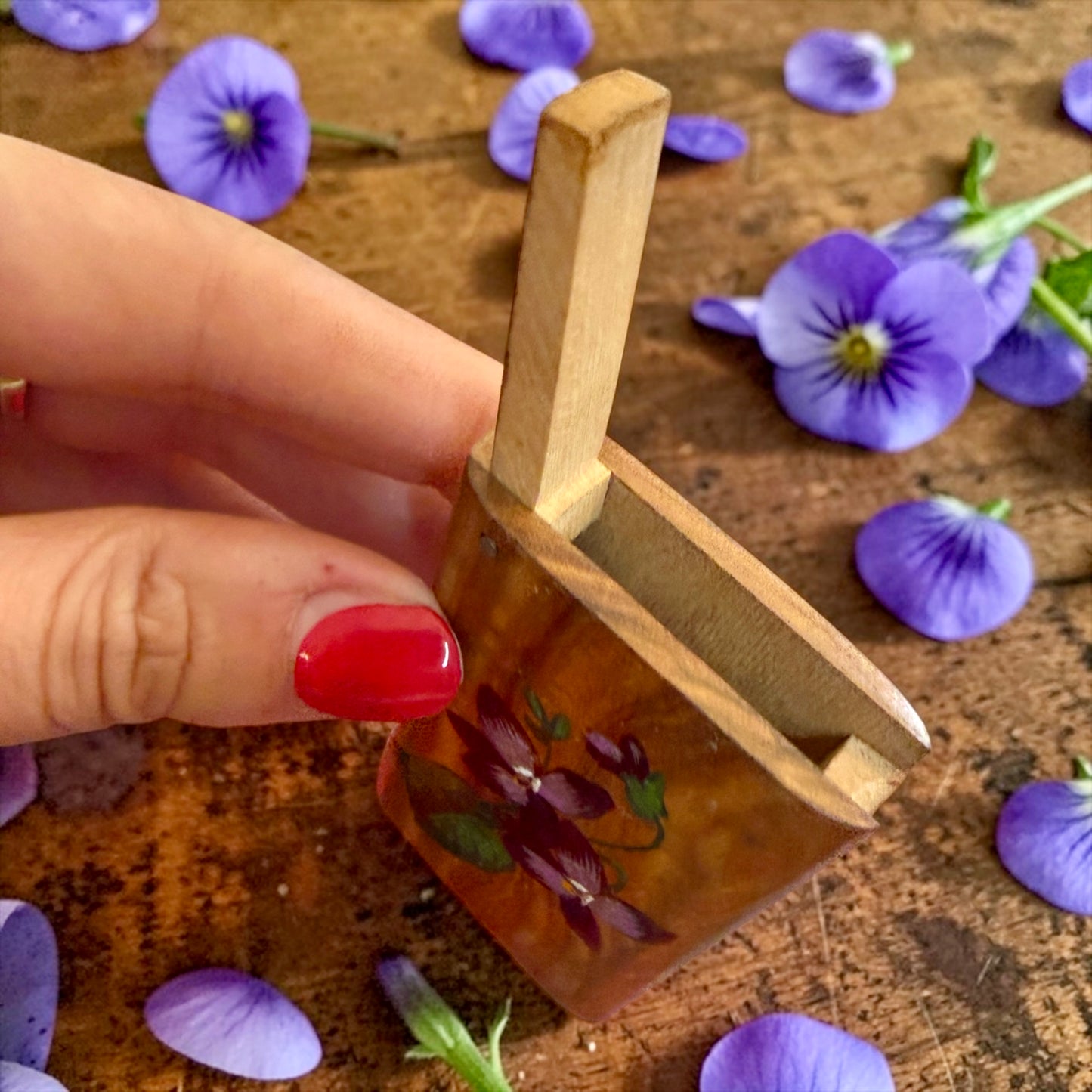Vesta Case in legno con viole del pensiero dipinte e scritta Nice