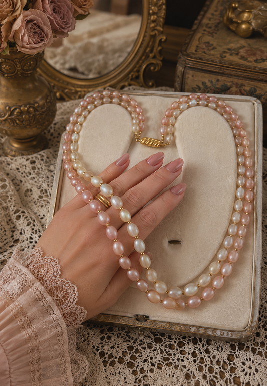 Collana a doppio filo in perle olivine degradé di lucite color perla e cipria, anni ‘50