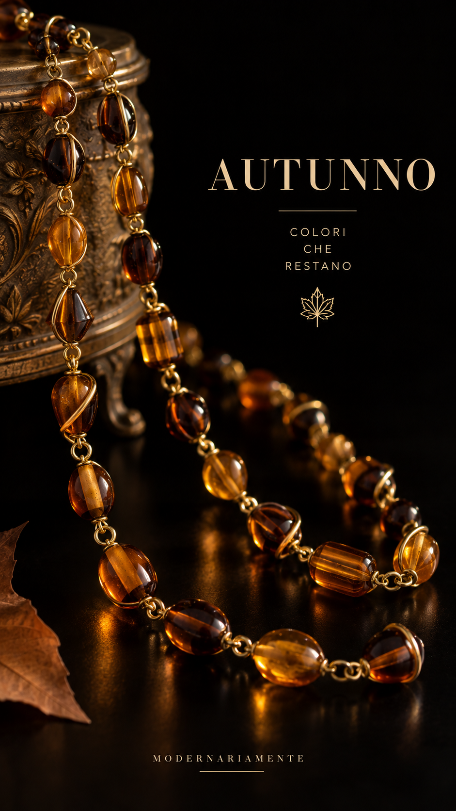 Collana 90 cm palette d’autunno con elementi in vetro ambrato