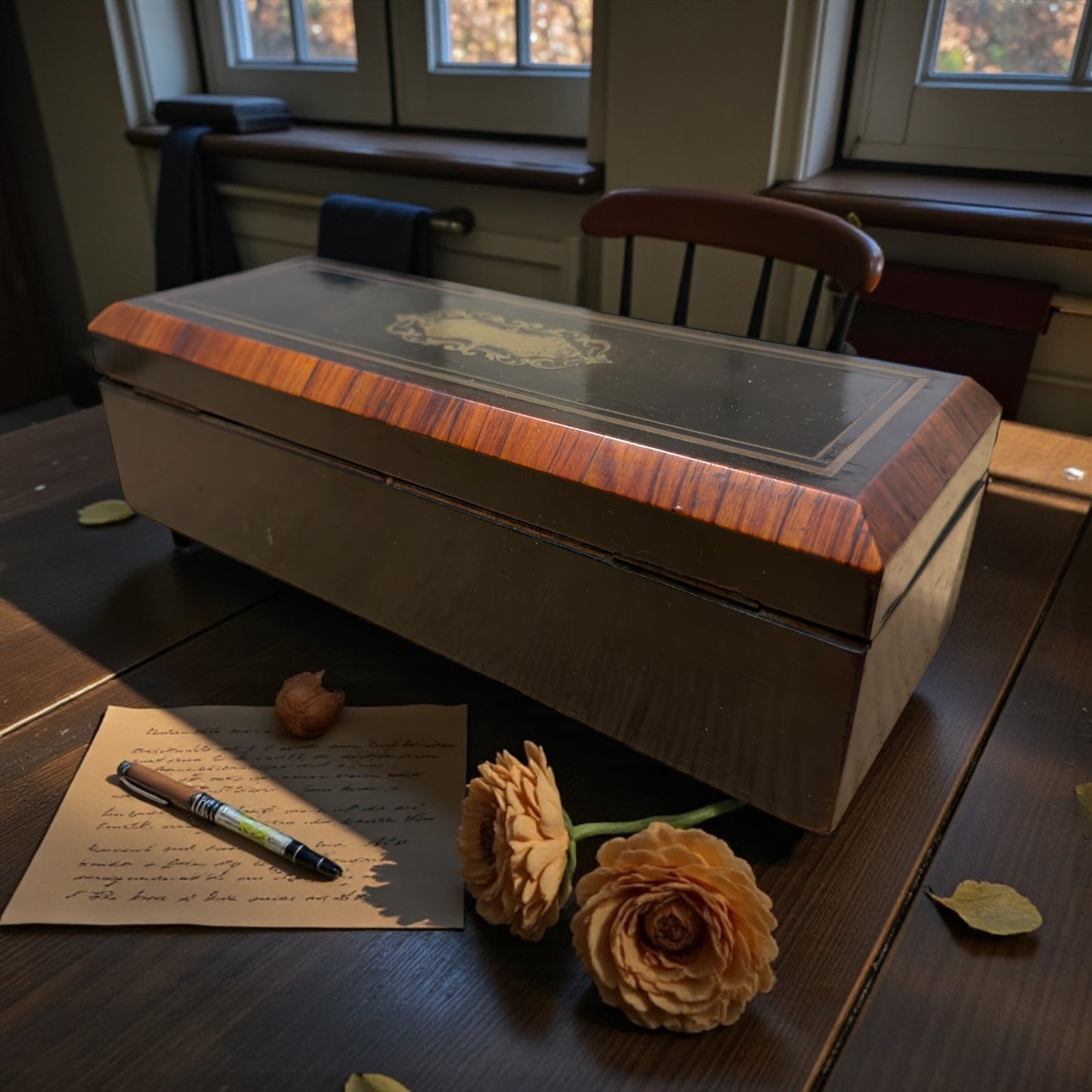 Antico cofanetto per corrispondenza da scrittoio, con ribaltina e chiave, fine ‘800