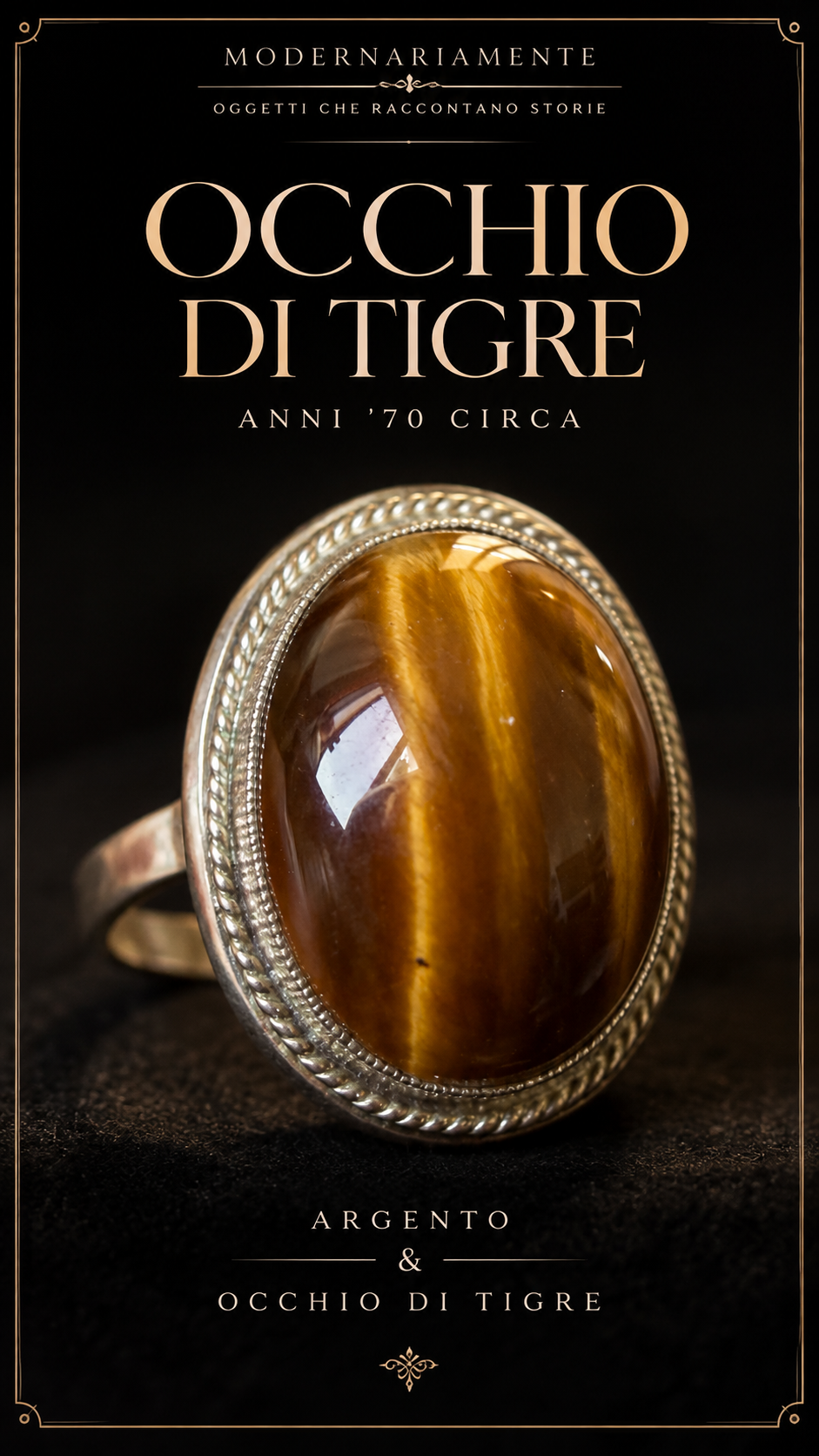 Anello argento con importante cabochon in occhio di tigre 70s e bella chatoyance