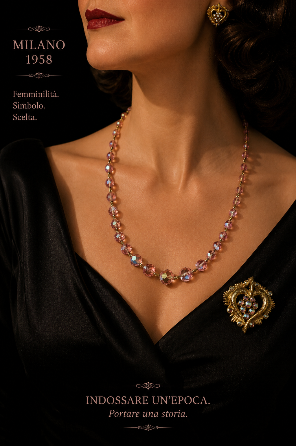 Parure anni ‘50 con collana perle vetro sfaccettato degradé e spilla gioiello con cristalli finitura Aurora Borealis
