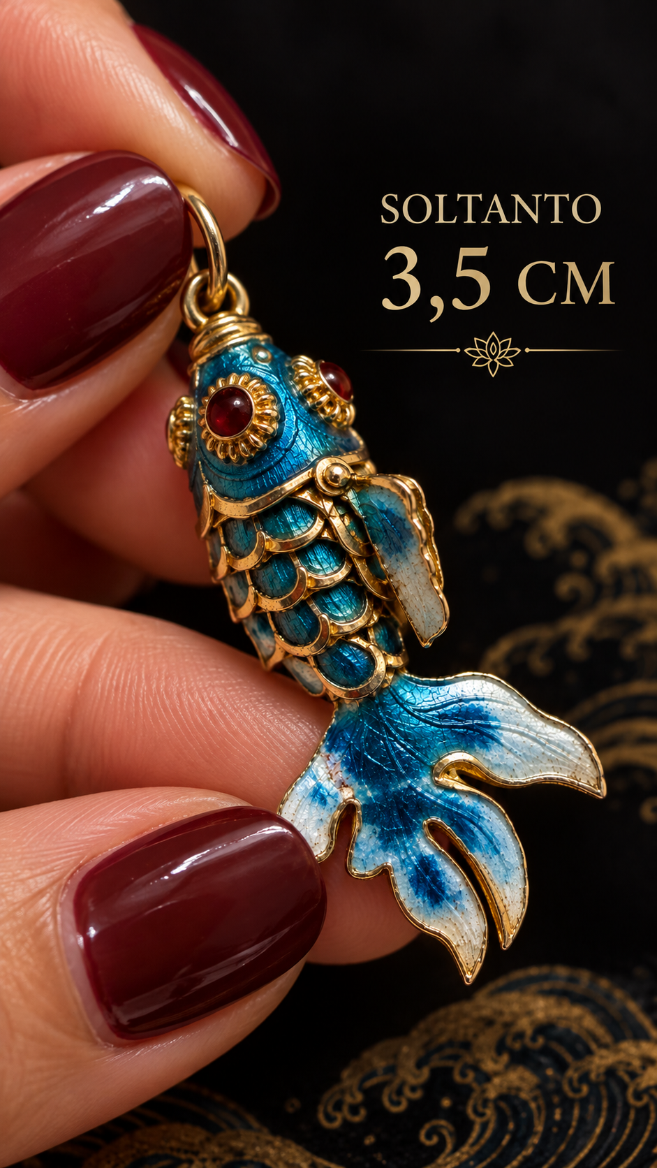 Piccolo pendente pesce articolato carpa koi smaltato azzurro