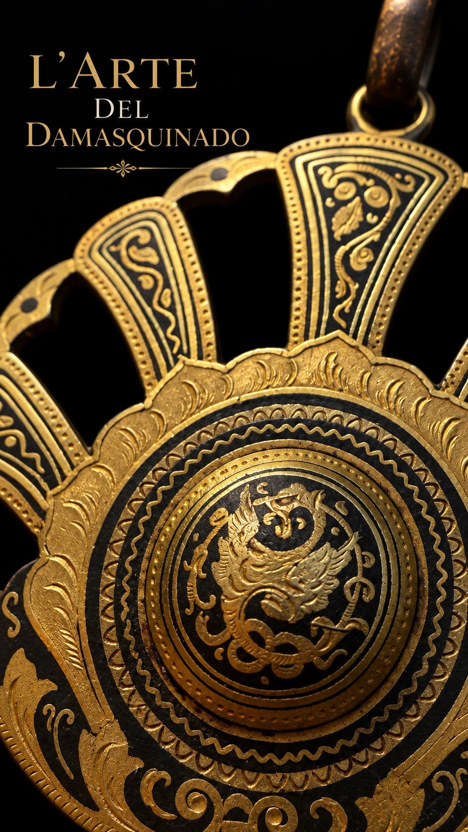 Ciondolo pendente Oro di Toledo damaschinato con drago a fronte