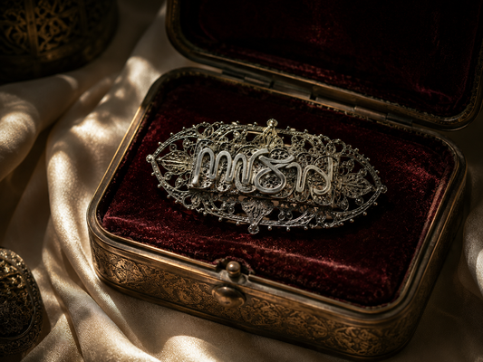 Antica spilla gioiello in argento massiccio con grafia Allah e punzone d’epoca