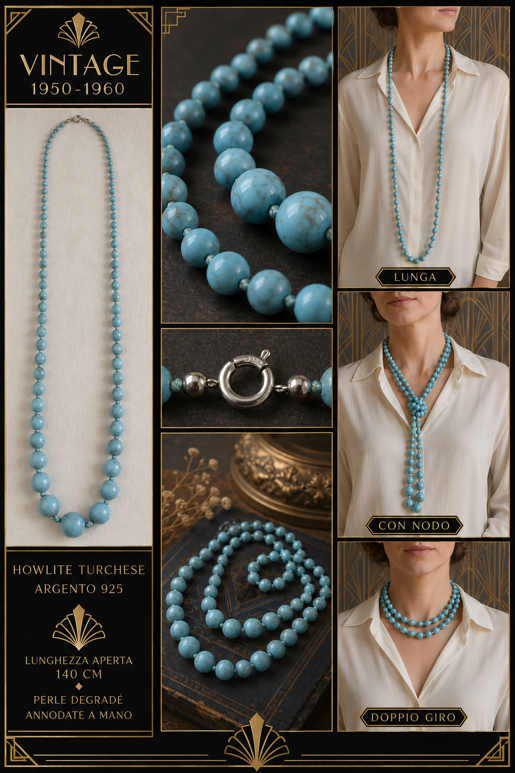 Collana anni ‘50 perle degradé di howlite turchese annodate a mano con chiusura in argento