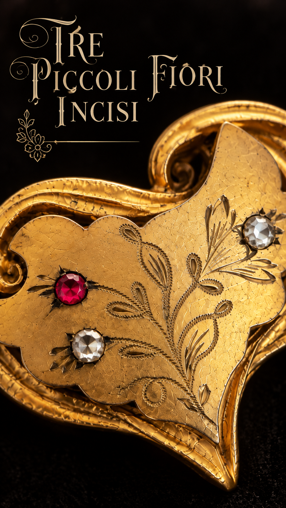 Antica spilla sentimentale fine ‘800 placcata con incisione floreale e cornice a cuore