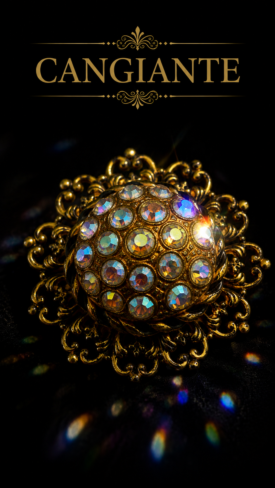 Splendido gioiello clip ferma foulard dorato con cupola tempestata di cristalli Aurora Borealis