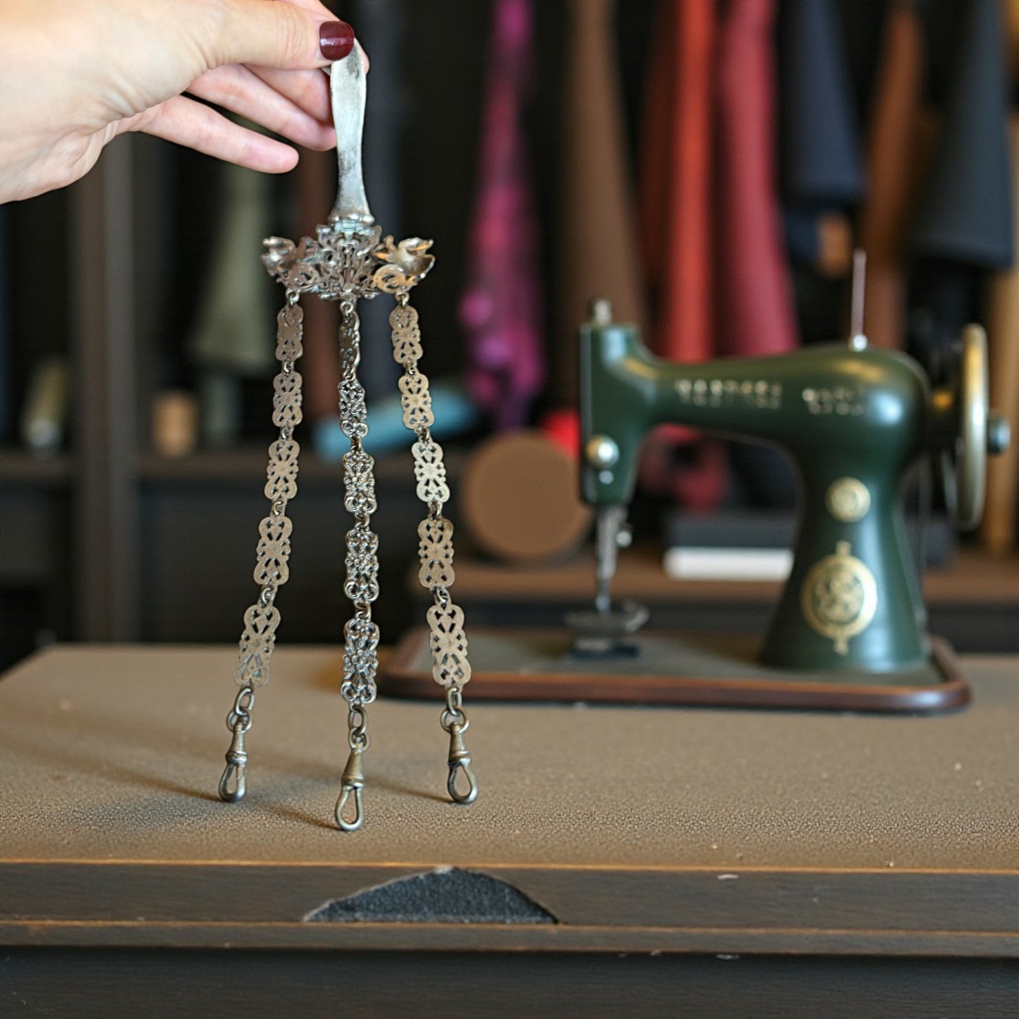 Chatelaine da sarta a 3 catene, riccamente decorata, ca anni ‘30