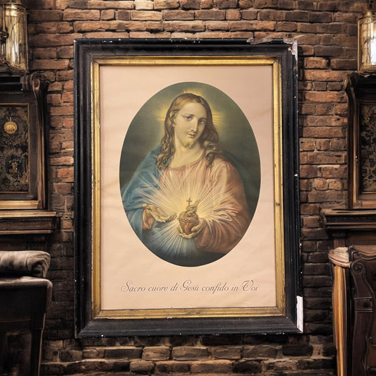 Quadro bifronte - stampa sacra ed insegna vino con marca da bollo, 1890 - 1910