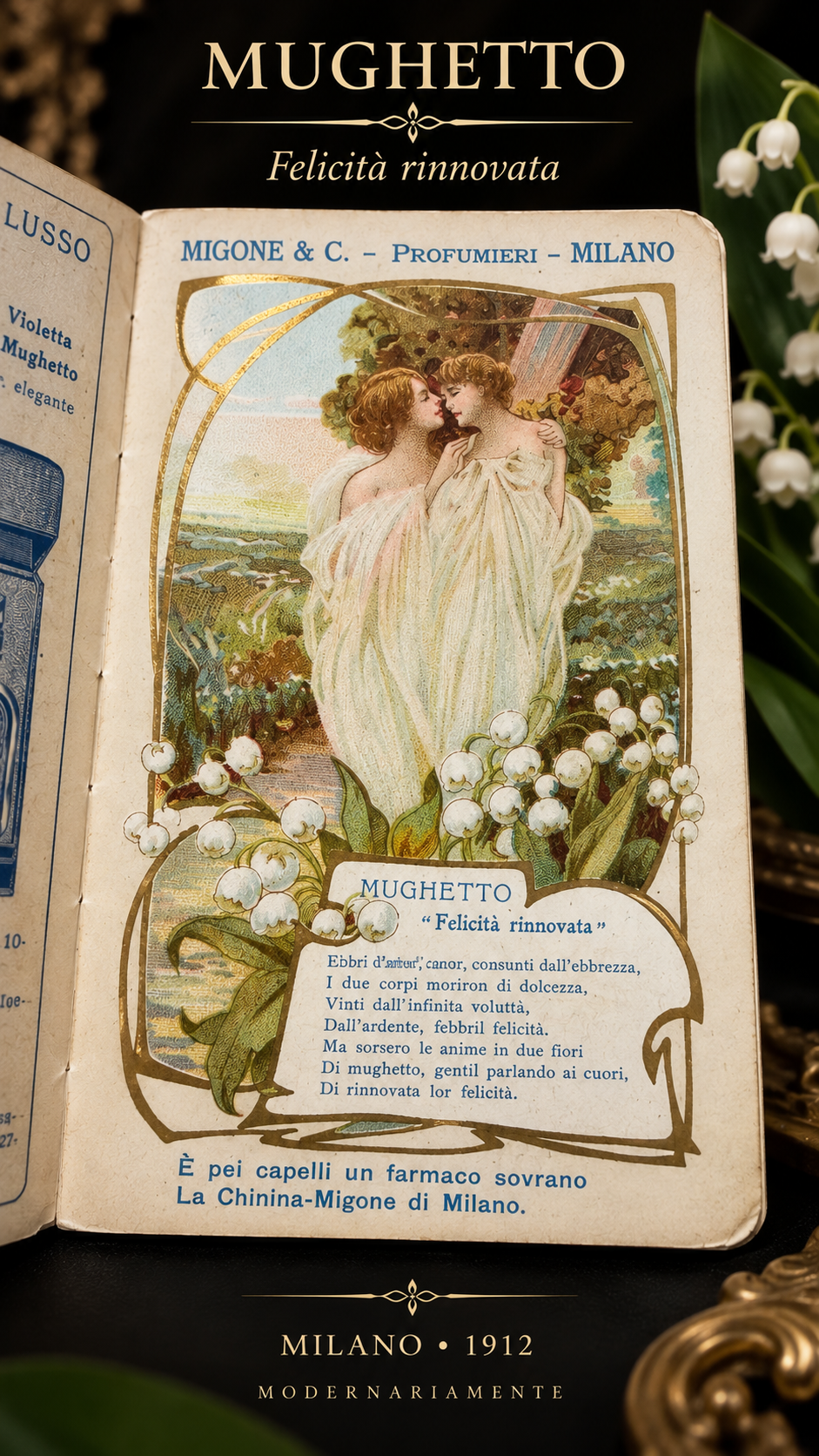 Stupendo ephemera completo 1912 Milano profumeria Migone floriografia Liberty