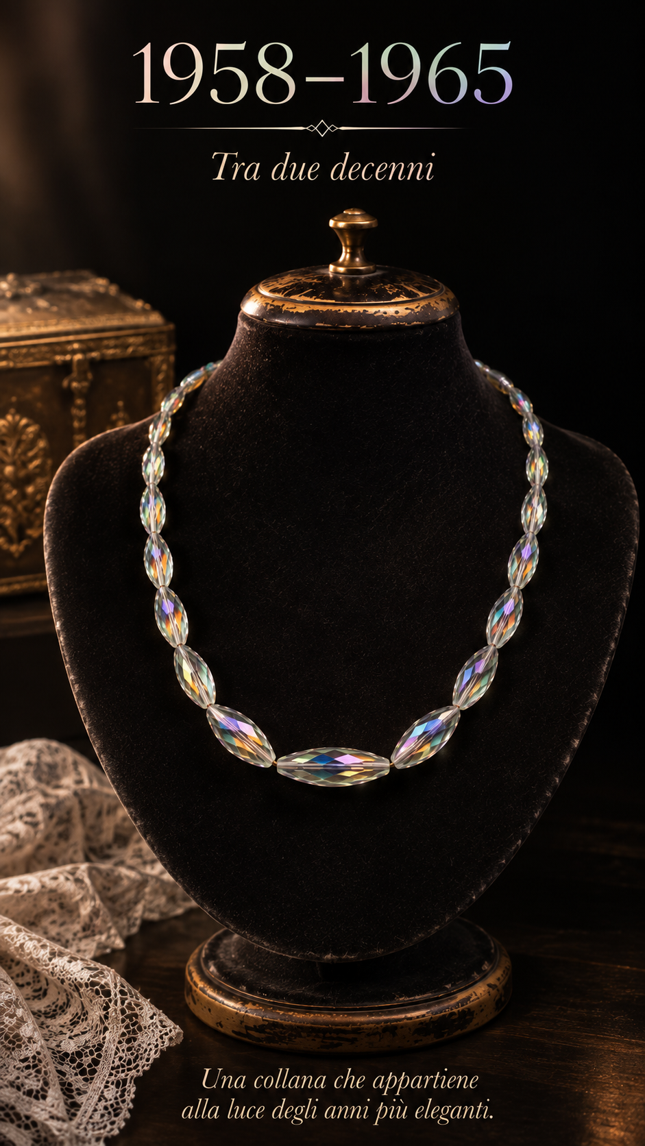 Collana con elementi fusiformi in vetro sfaccettato Aurora Borealis, fine anni ‘50 primi ‘60