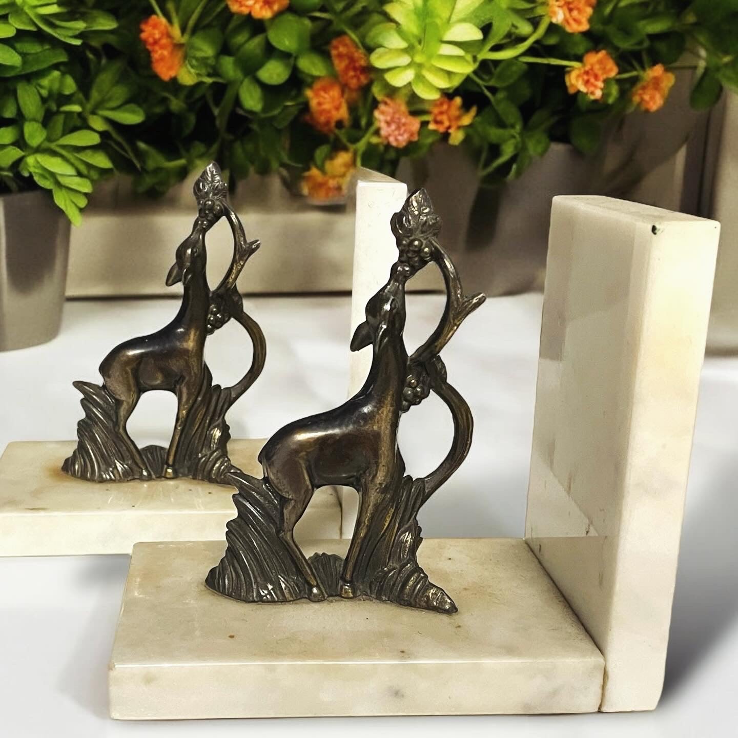 Pair of marble bookends roe deer with grapes