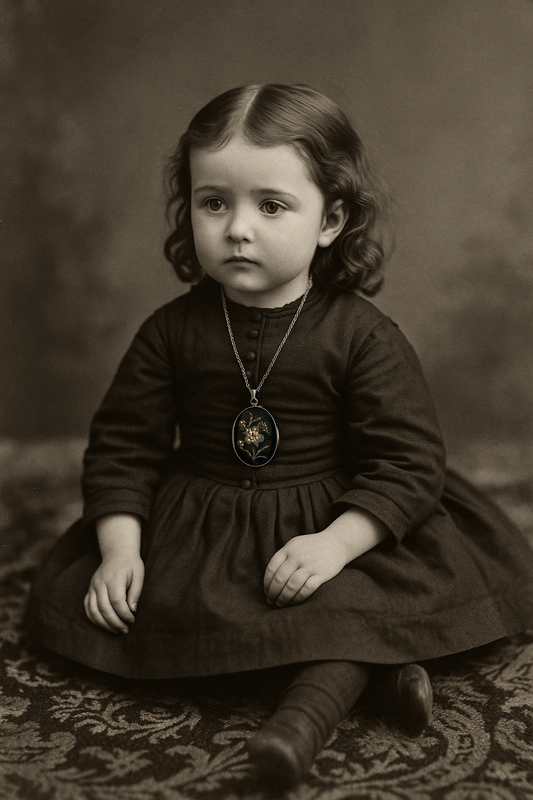 Medaglione da lutto vittoriano, con vano interno e nodo di capelli, argento e microperle