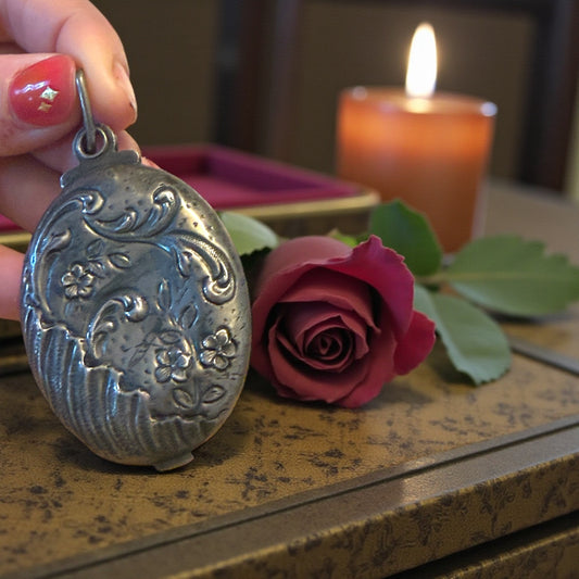 Pendente gioiello in argento bifacciale Liberty, apertura a scorrimento con specchio e scomparto