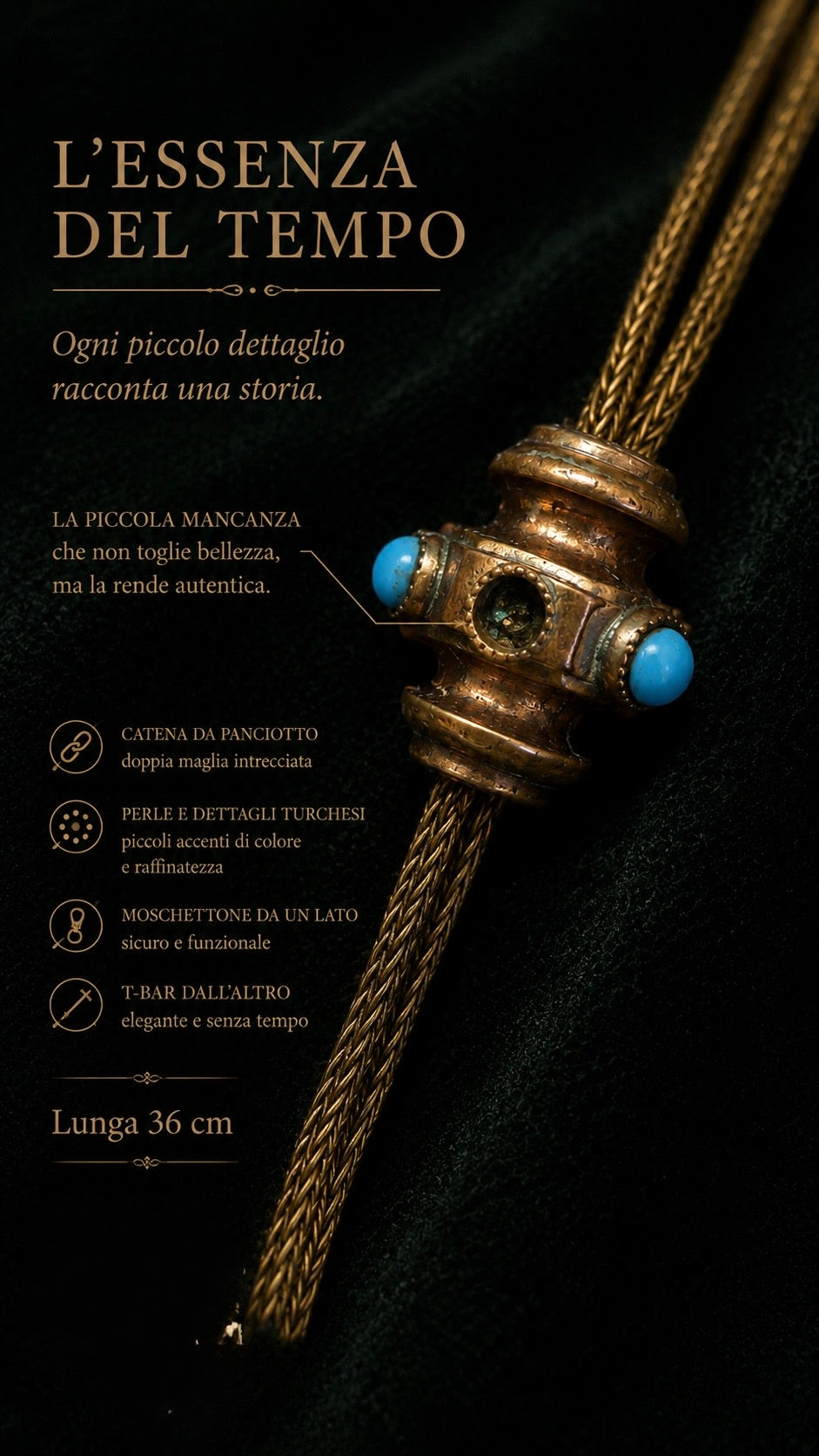 Albert chain da panciotto con moschettone e t-bar provvista di elementi decoratici, placcata oro