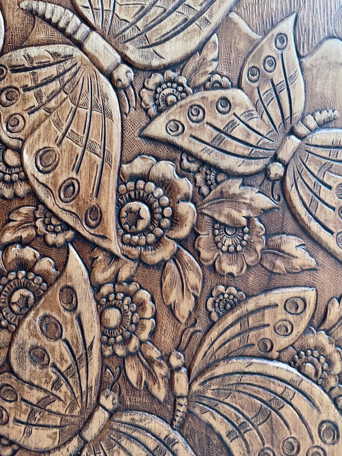 Vassoio in legno, fiori e farfalle, vintage metà ‘900