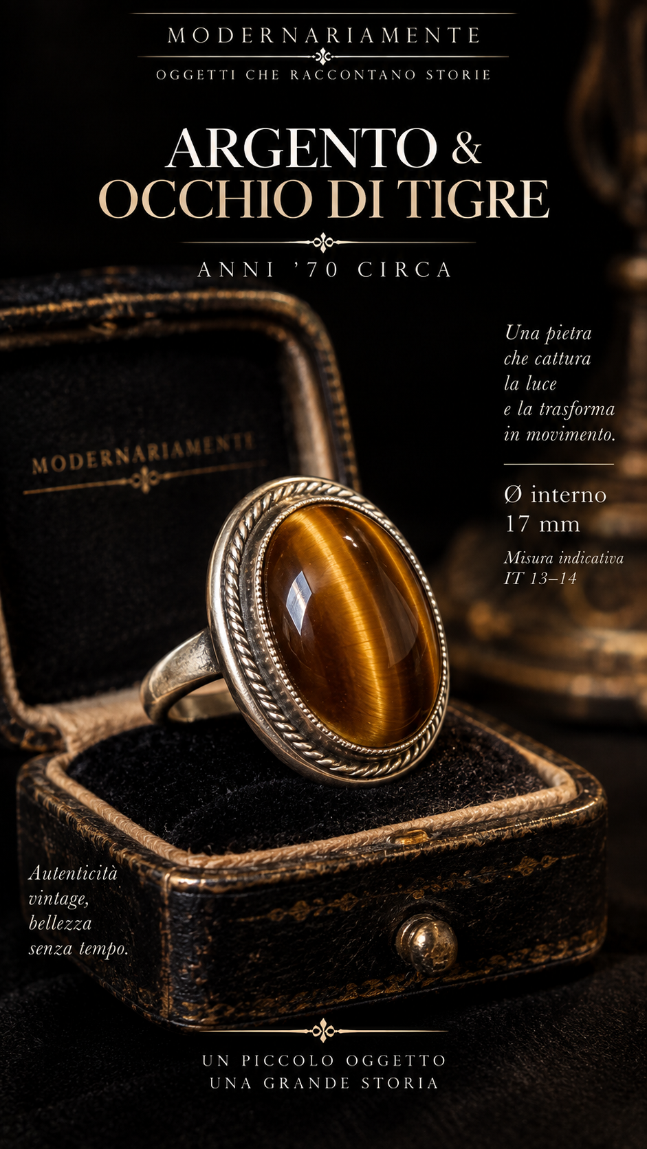 Anello argento con importante cabochon in occhio di tigre 70s e bella chatoyance