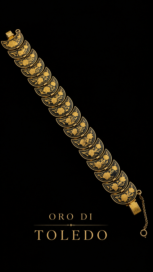 Bracciale damaschinato Oro di Toledo con chiusura a scomparsa e catenella di sicurezza, 60s ca