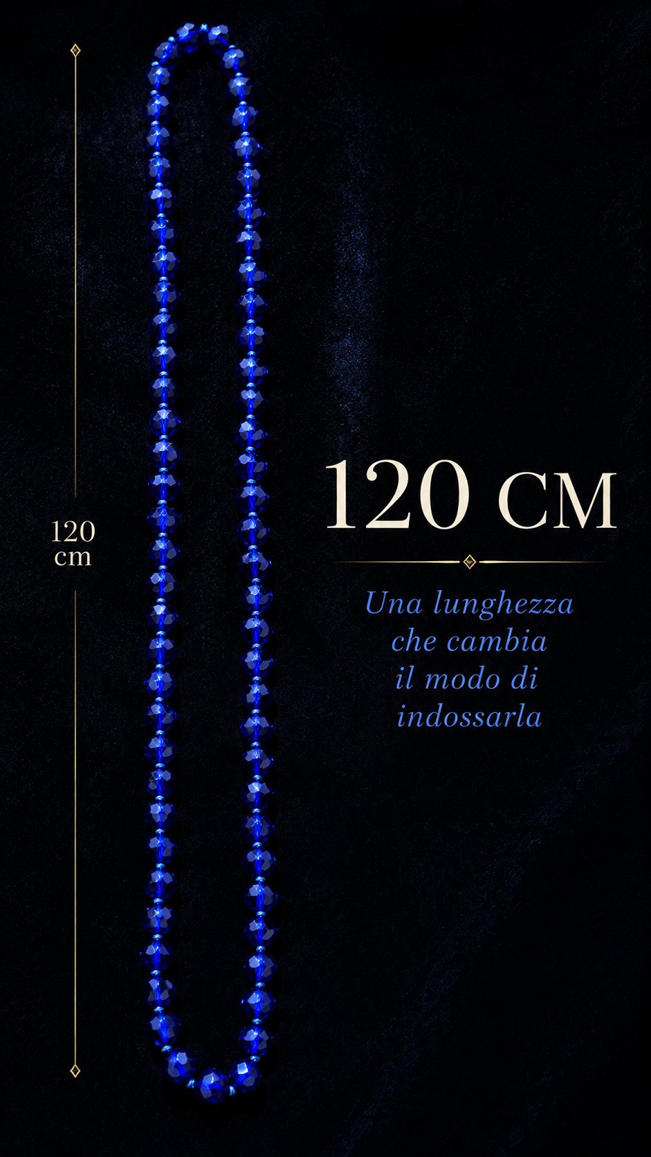 Collana lunga sautoir 120 cm vetro blu elettrico sfaccettato ca anni ‘40