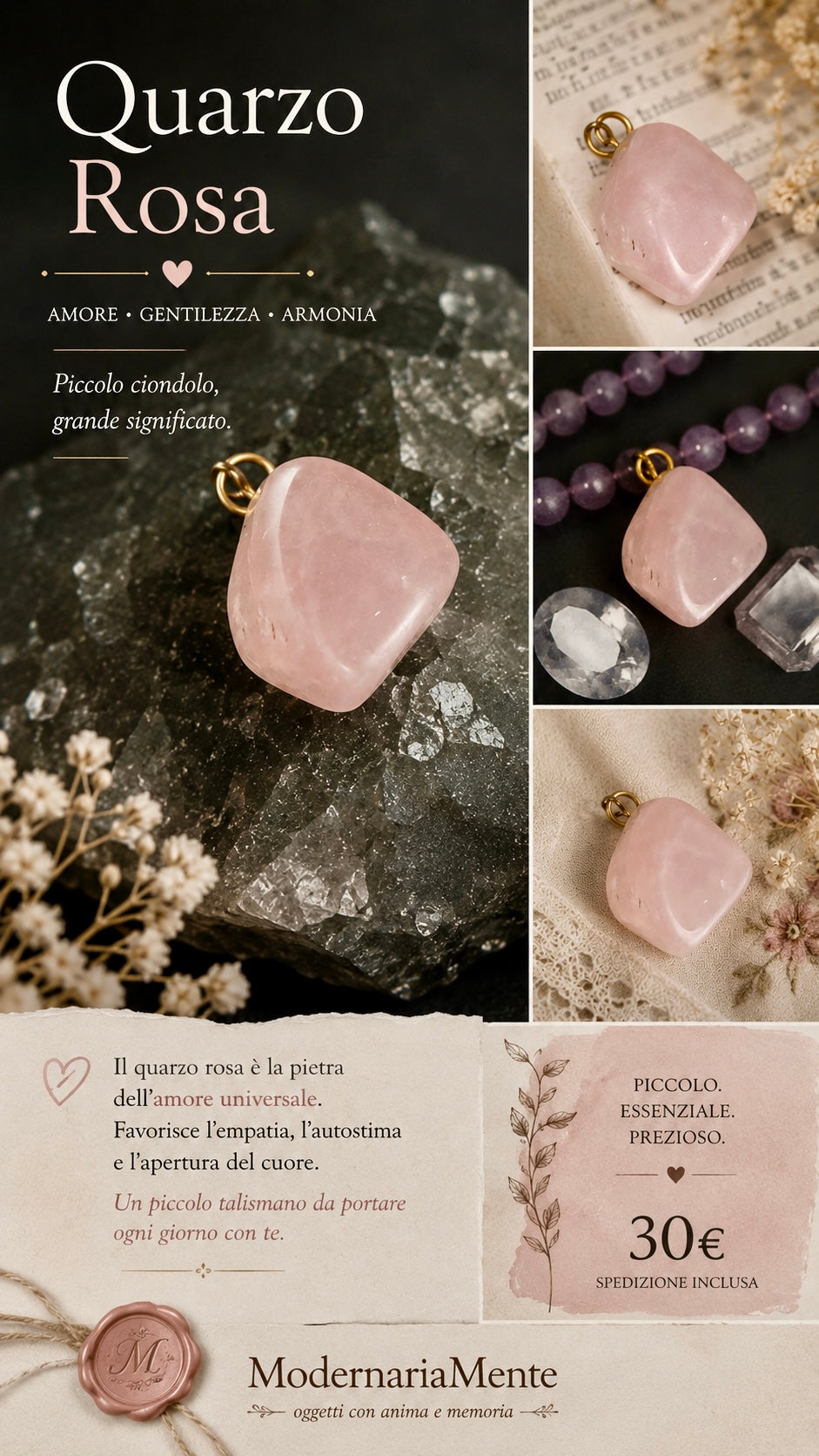 Piccolo pendente in quarzo rosa con anellino in metallo dorato