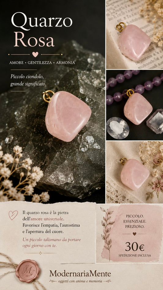 Piccolo pendente in quarzo rosa con anellino in metallo dorato