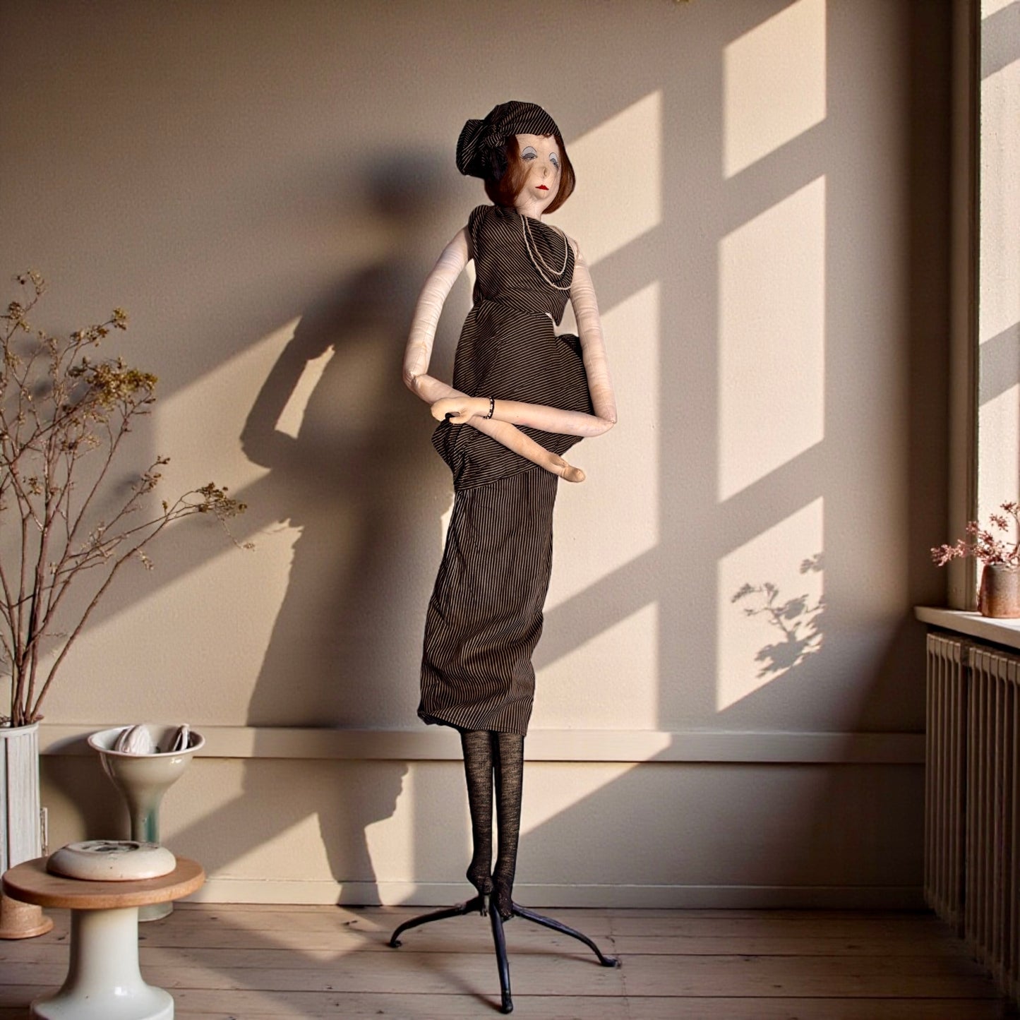 Bambola antica decorativa alta 1 metro, art Déco fatta a mano, circa anni ‘20-‘30