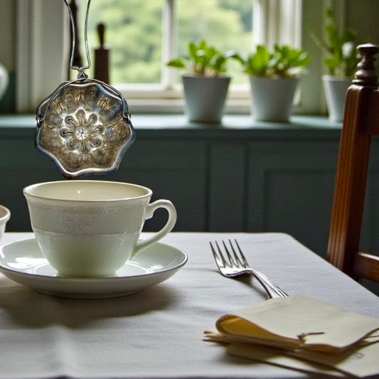 Antico passe-the argentato per filtrare risate e tè, primo ‘900