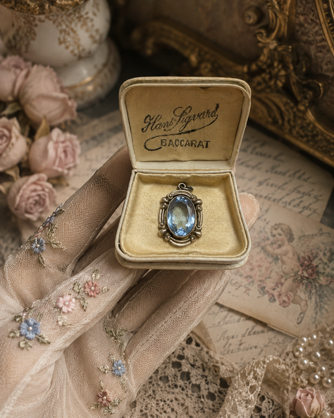 Pendente argentato con cristallo azzurro Liberty in scrigno d’epoca coevo