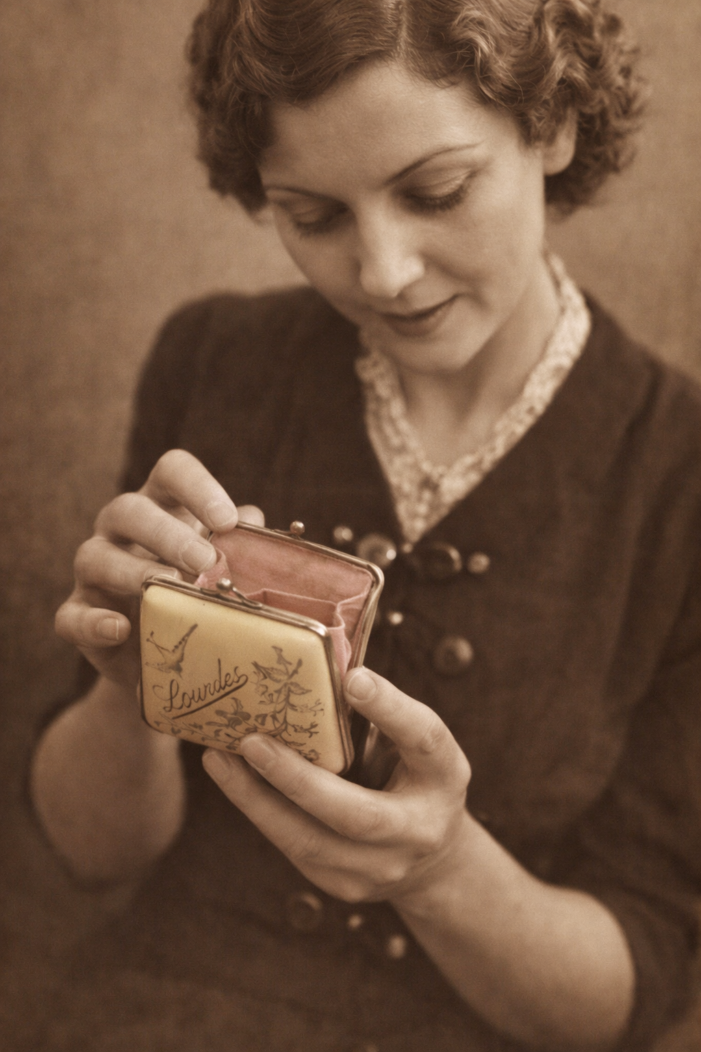 Porta monete antico in bachelite con decorazioni argentate floreali e scritta “Lourdes”