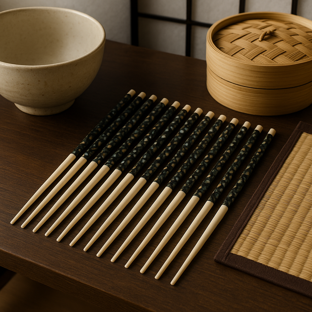 Set bacchette da tavola in osso levigato e madreperla, 70s-80s 12 pz