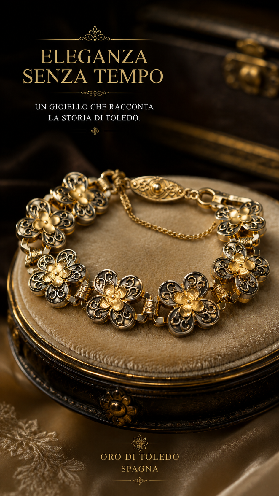 Bracciale “Oro di Toledo” arte spagnola, con catenella di sicurezza, anni ‘40-‘50