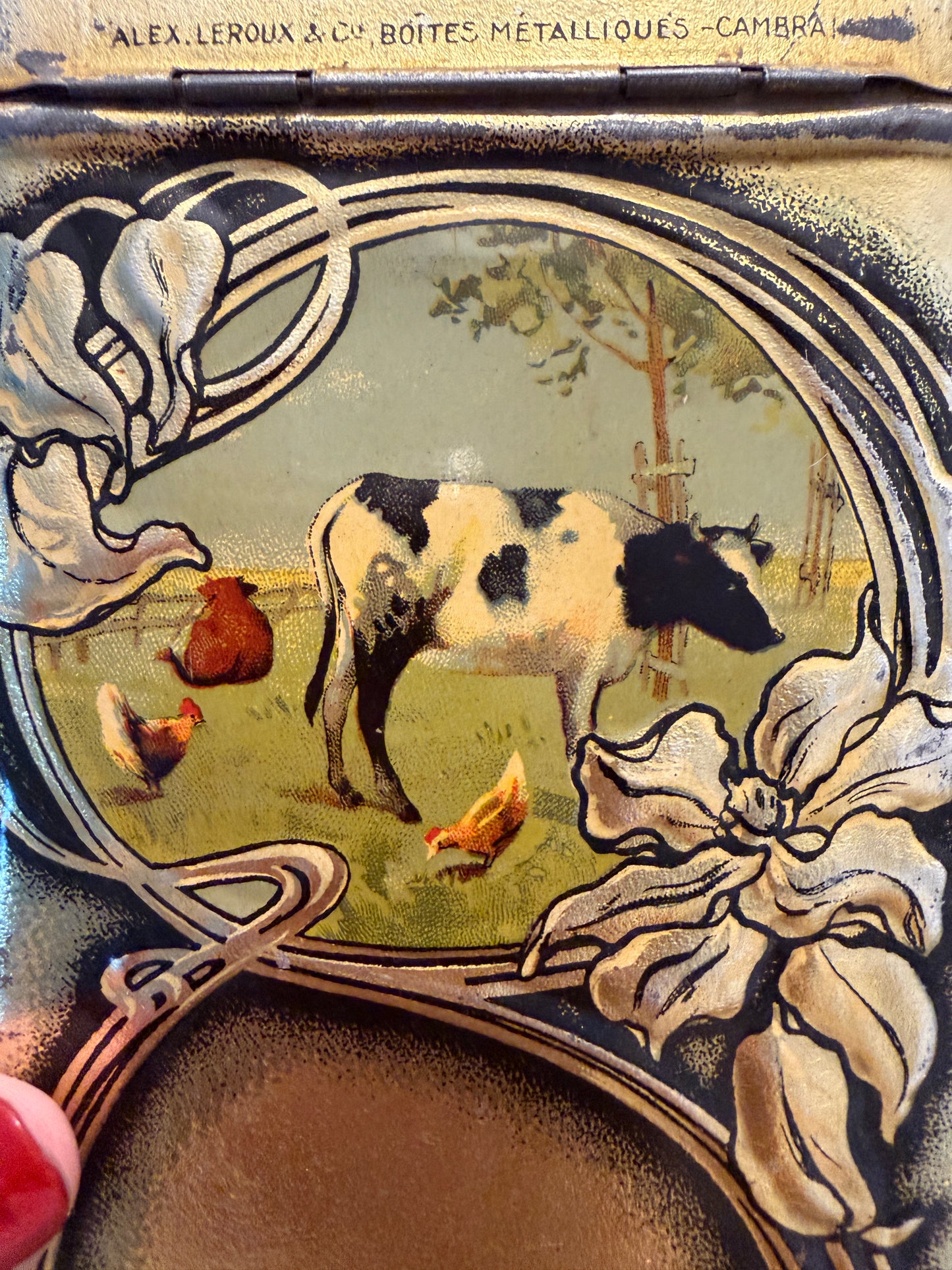 Set n. 3 antiche scatole di latta Leroux Cambrai rarissime art Nouveau per cicoria, dolci e farina.